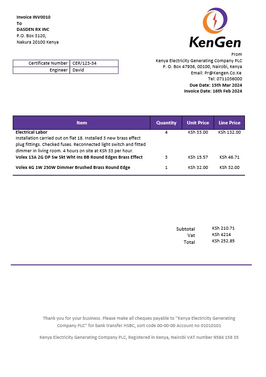 Kenya KenGen Electricity Generating Company business utility bill template in Word and PDF formats